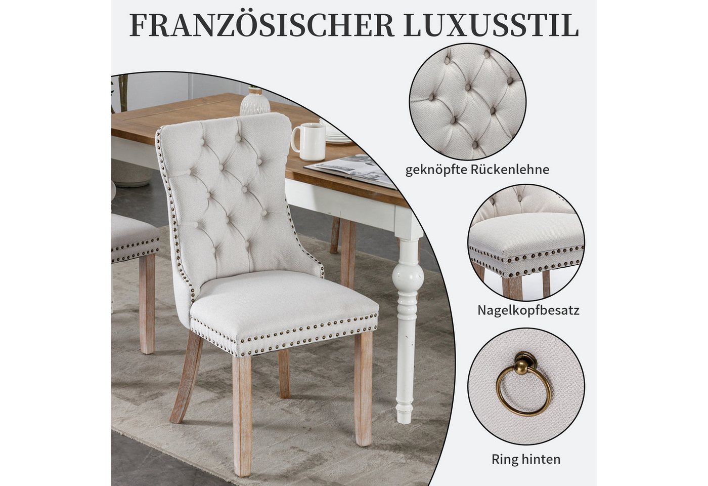SeedWave Esszimmerstuhl 2er Set Küchenstuhl Leinen Polsterstuhl mit Metallring, Ziernieten, Geschwungene Knopf-Rüchenlehne, verstellbare Massivholz-Füße – Bild 3 von 5