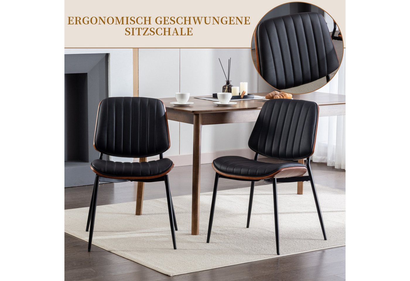 SeedWave Esszimmerstuhl 2er Set Küchenstuhl PU-Leder Polsterstuhl mit Metallbeinen, Geschwungene Rückenlehne und Sitzfläche, Verstellbare Pads – Bild 3 von 5