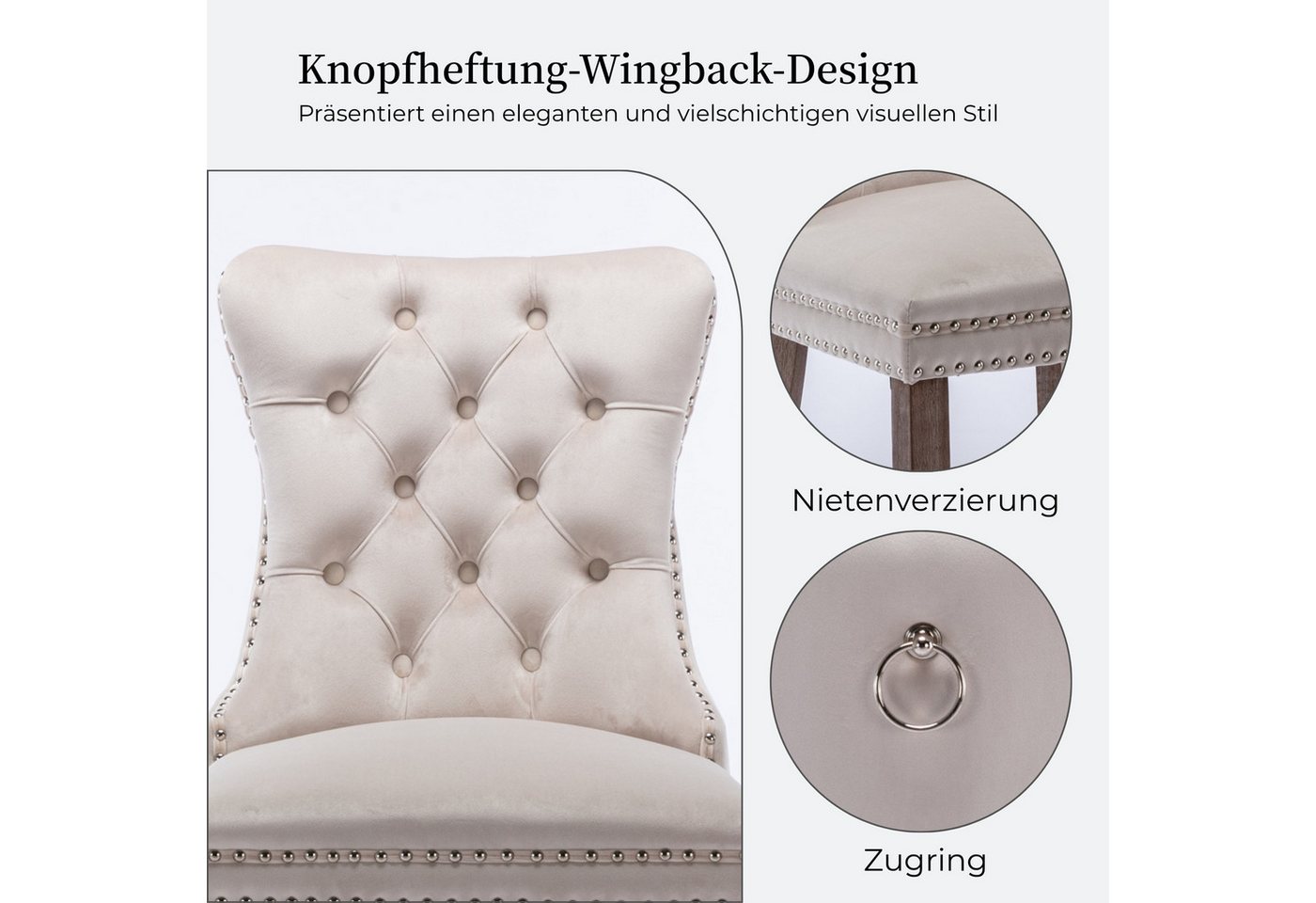 SeedWave Esszimmerstuhl 2er-Set Küchenstuhl Samtbezug, Holzfüße mit Verstellbaren Schrauben, Polsterstuhl mit Ringgriff, Niete und Knopf-Rückenlehne – Bild 3 von 5