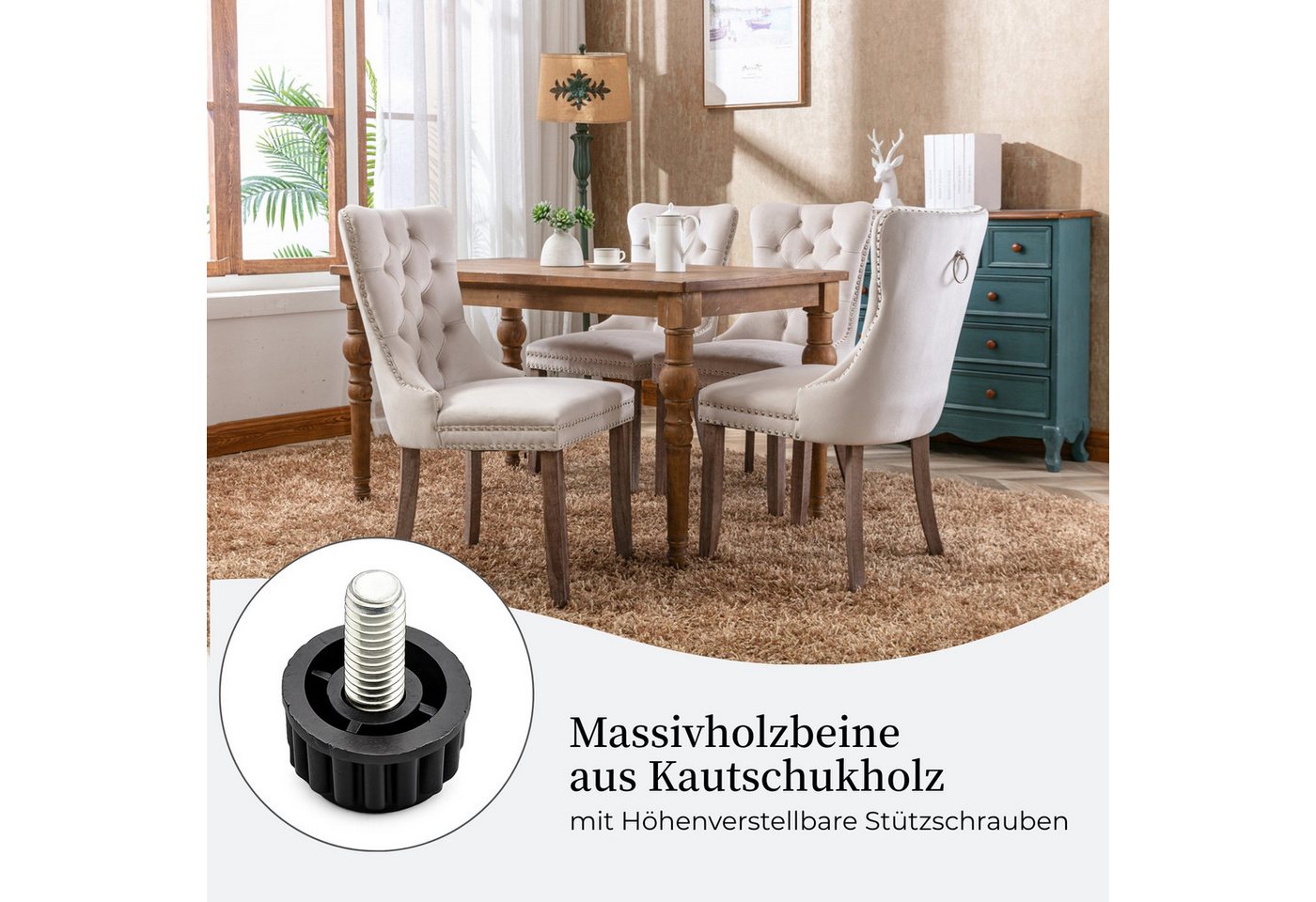 SeedWave Esszimmerstuhl 2er-Set Küchenstuhl Samtbezug, Holzfüße mit Verstellbaren Schrauben, Polsterstuhl mit Ringgriff, Niete und Knopf-Rückenlehne – Bild 5 von 5