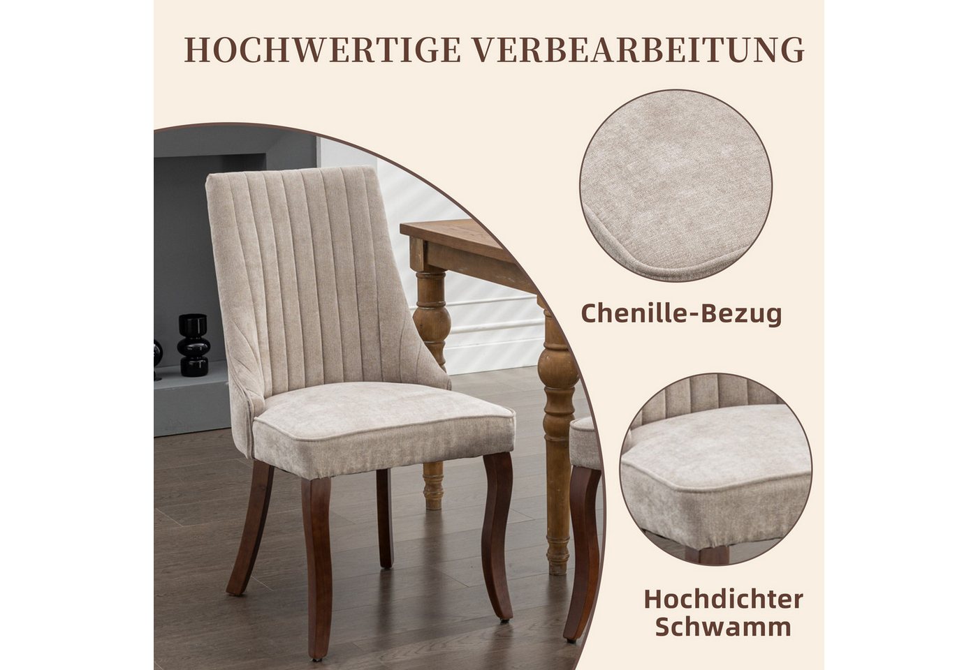 SeedWave Esszimmerstuhl Chenille 2er-Set Küchenstuhl, Hohe Rückenlehne & Verstellbaren Fußpads, Polsterstuhl mit 4 Holzfüßen, geschwungener Rücklehne – Bild 2 von 5
