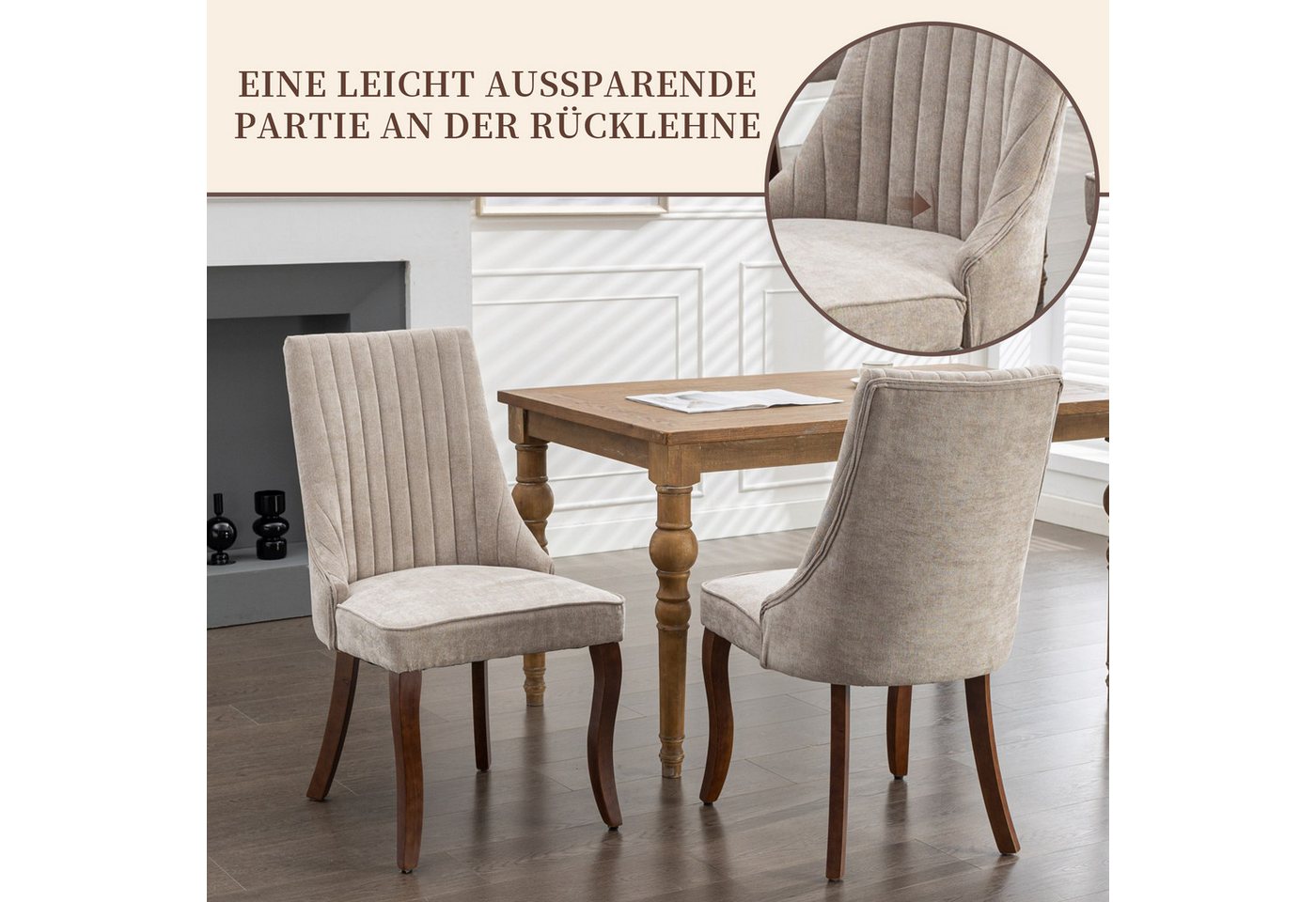 SeedWave Esszimmerstuhl Chenille 2er-Set Küchenstuhl, Hohe Rückenlehne & Verstellbaren Fußpads, Polsterstuhl mit 4 Holzfüßen, geschwungener Rücklehne – Bild 4 von 5