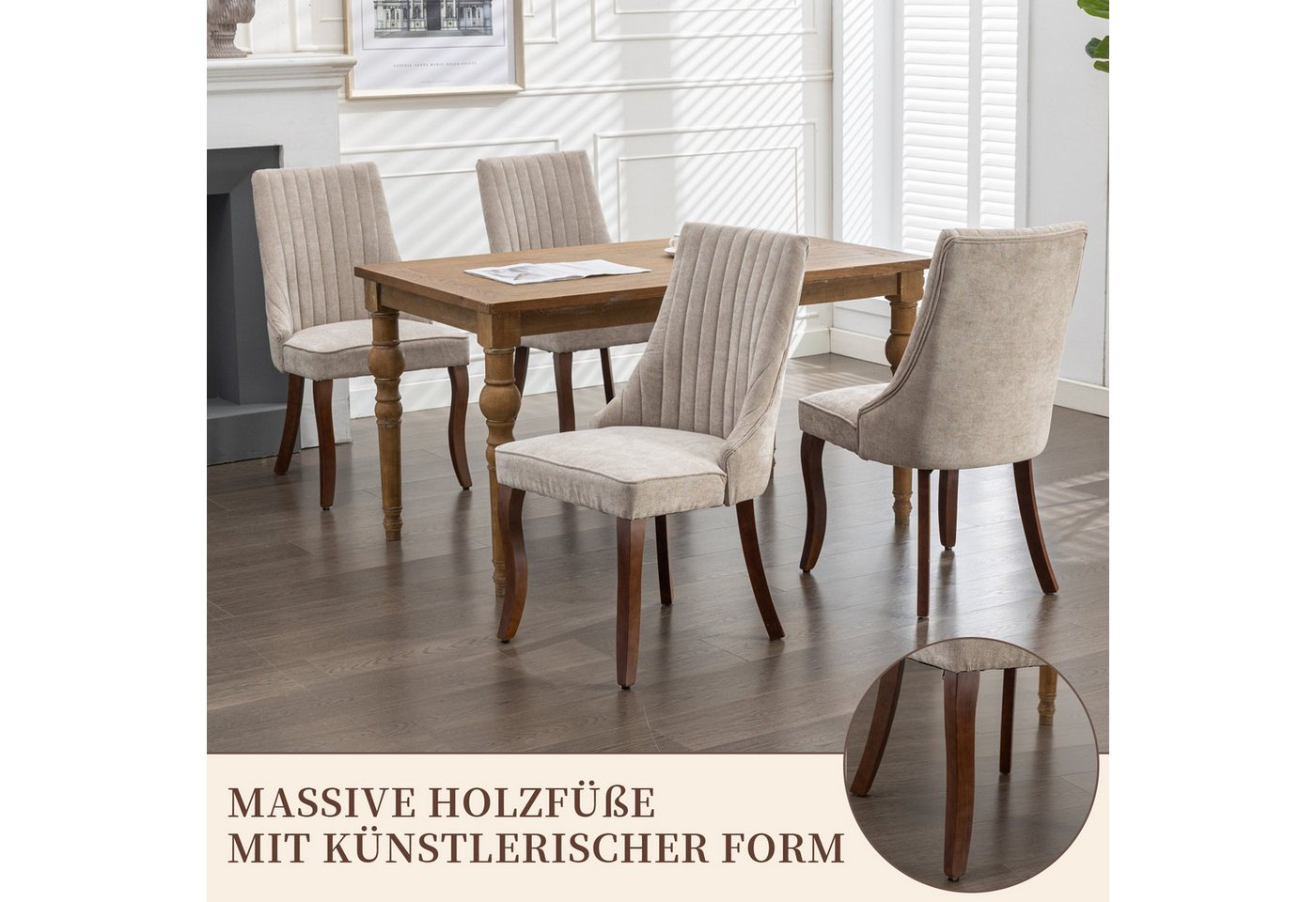SeedWave Esszimmerstuhl Chenille 2er-Set Küchenstuhl, Hohe Rückenlehne & Verstellbaren Fußpads, Polsterstuhl mit 4 Holzfüßen, geschwungener Rücklehne – Bild 5 von 5