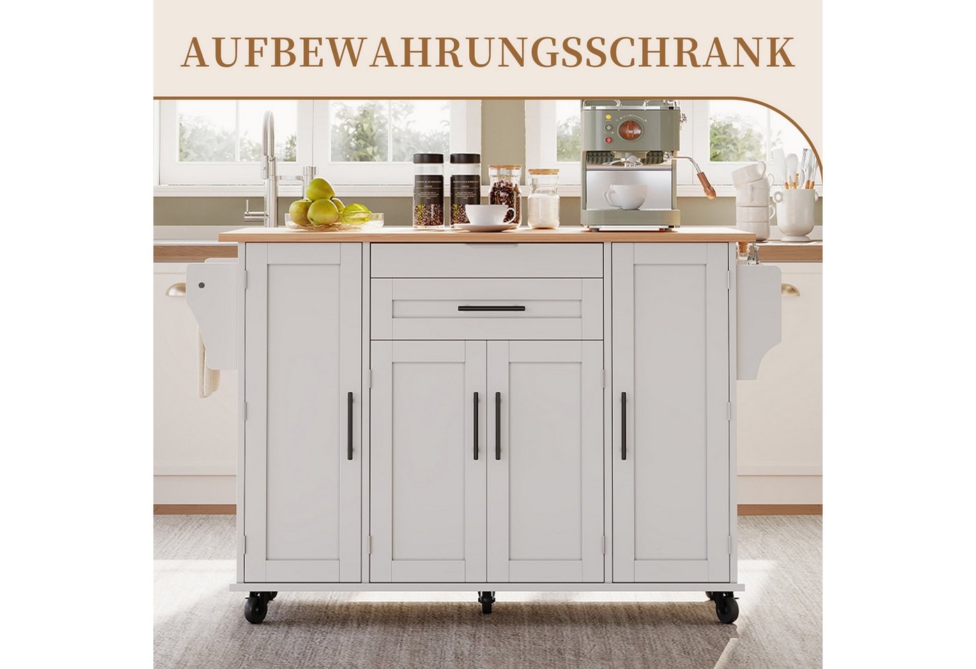 SeedWave Kücheninsel auf Rollen, mit Klappbarer Tischplatte, Besteckschublade, Staufächern, 1 Gewürzboard & Handtuchhalter, 3 höhenverstellbare Einlegeböden – Bild 2 von 5