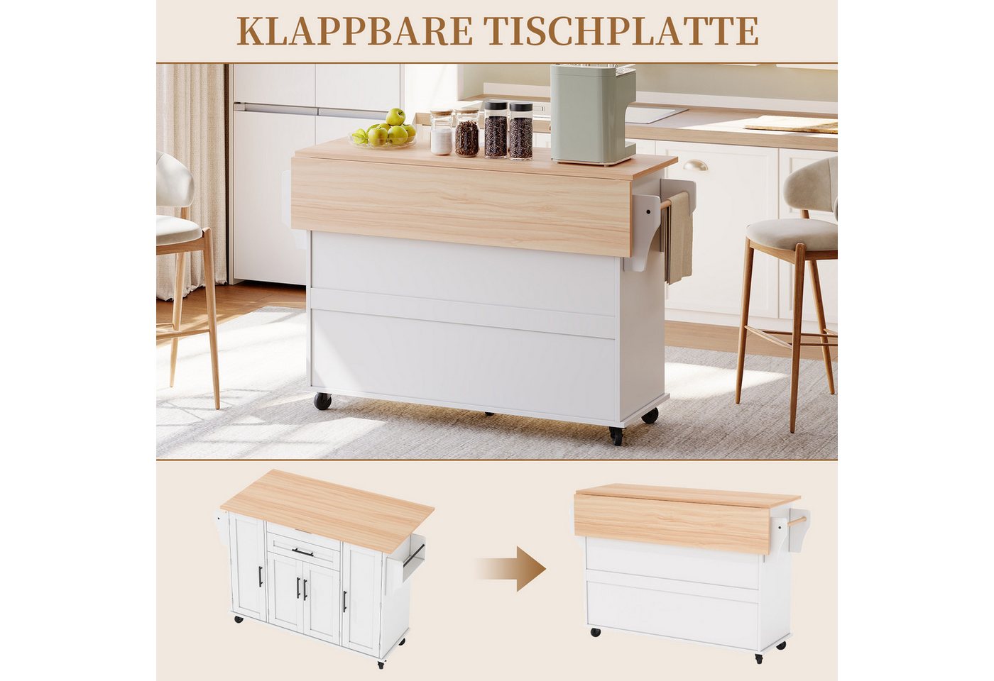 SeedWave Kücheninsel auf Rollen, mit Klappbarer Tischplatte, Besteckschublade, Staufächern, 1 Gewürzboard & Handtuchhalter, 3 höhenverstellbare Einlegeböden – Bild 3 von 5