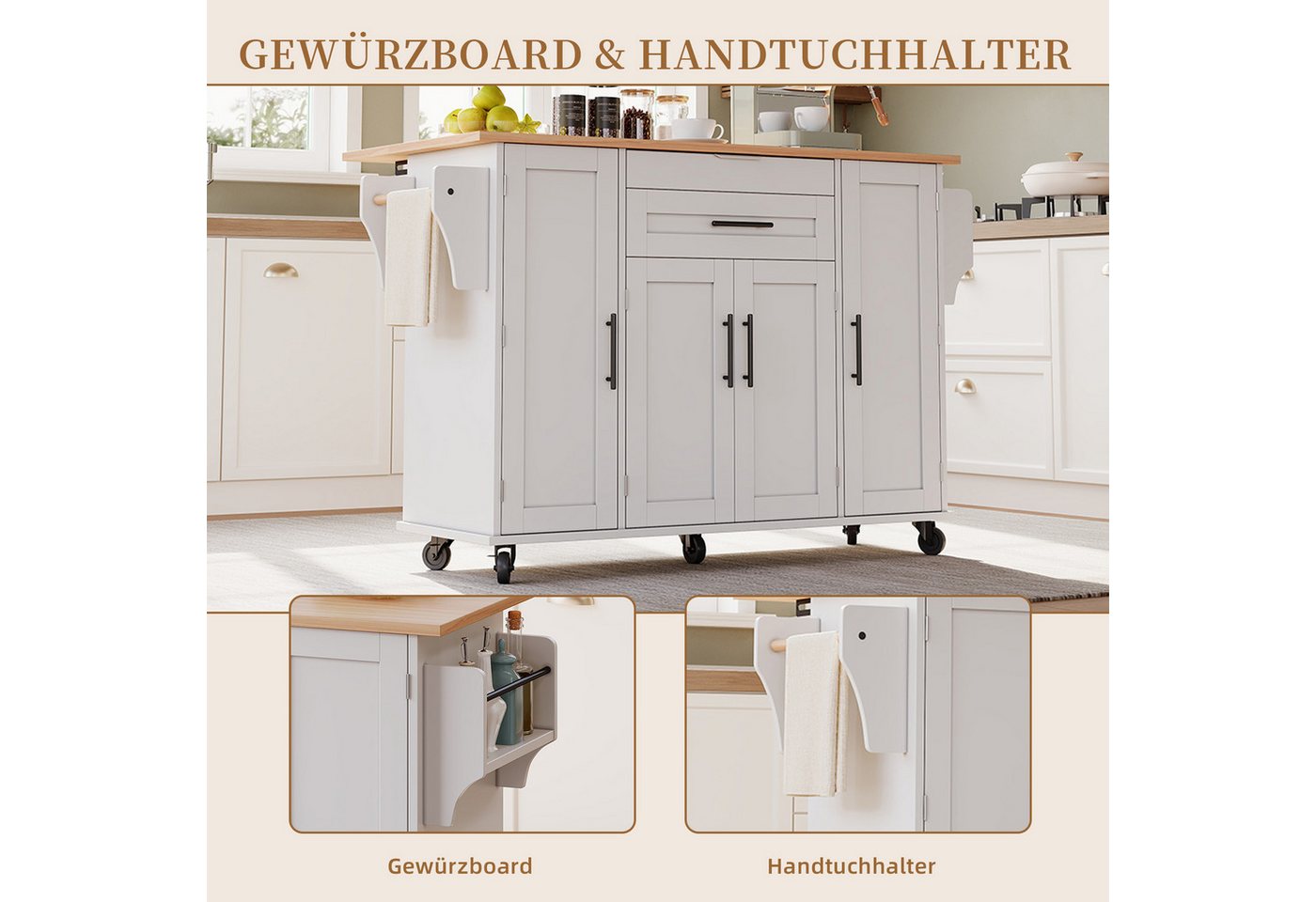 SeedWave Kücheninsel auf Rollen, mit Klappbarer Tischplatte, Besteckschublade, Staufächern, 1 Gewürzboard & Handtuchhalter, 3 höhenverstellbare Einlegeböden – Bild 4 von 5