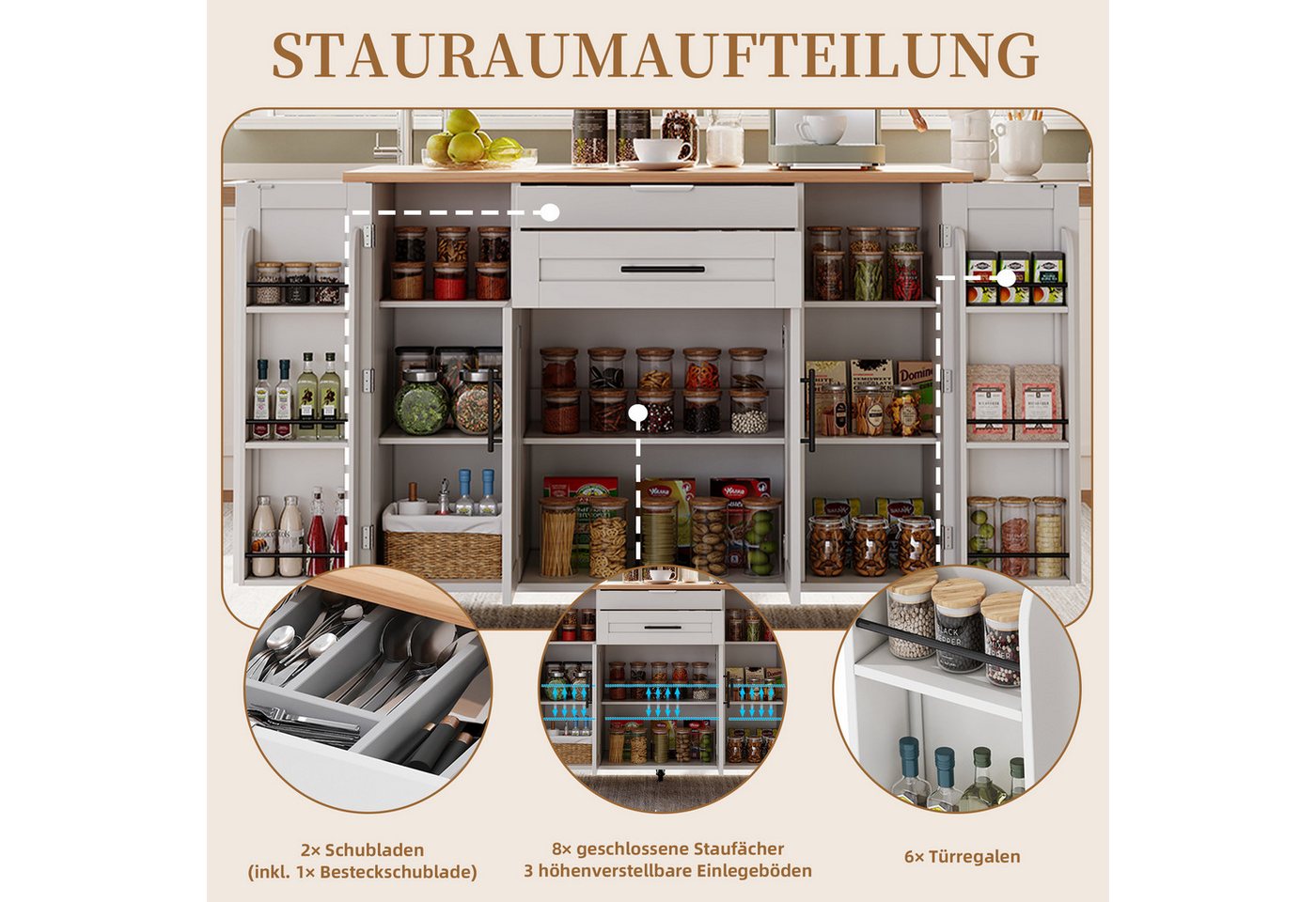 SeedWave Kücheninsel auf Rollen, mit Klappbarer Tischplatte, Besteckschublade, Staufächern, 1 Gewürzboard & Handtuchhalter, 3 höhenverstellbare Einlegeböden – Bild 5 von 5