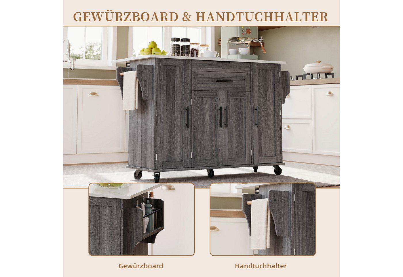 SeedWave Kücheninsel auf Rollen, mit Klappbarer Tischplatte, Besteckschublade, Staufächern, 1 Gewürzboard & Handtuchhalter, 3 höhenverstellbare Einlegeböden – Bild 4 von 5