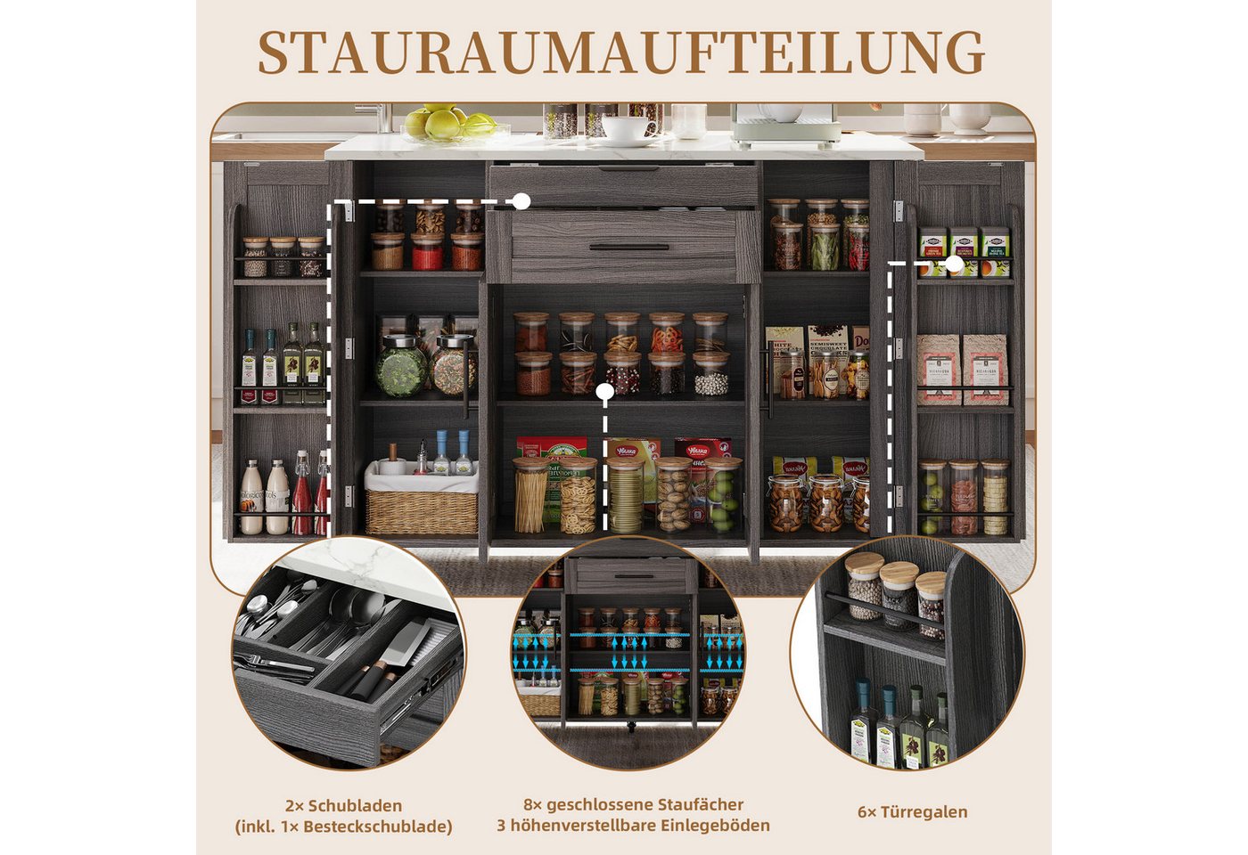 SeedWave Kücheninsel auf Rollen, mit Klappbarer Tischplatte, Besteckschublade, Staufächern, 1 Gewürzboard & Handtuchhalter, 3 höhenverstellbare Einlegeböden – Bild 5 von 5