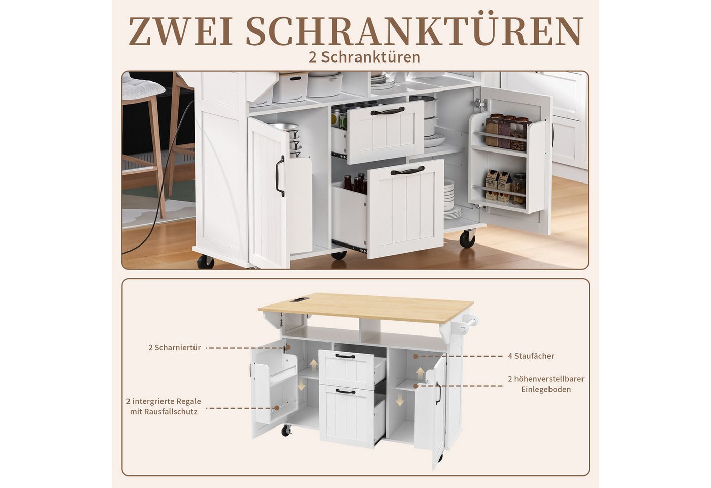 SeedWave Kücheninsel Auf Rollen, Klappbare Tischplatte mit Ladefunktion, Viel Stauraum, Küchenwagen inkl. 1 Abnehmbarer Handtuchhälter – Bild 5 von 5