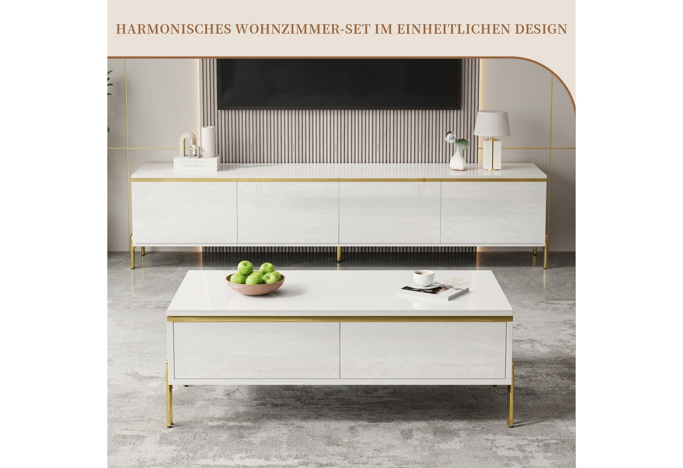 SeedWave Lowboard Wohnzimmerset mit Hochglanzfronten, 170cm TV-Schrank, 100cm Couchtisch, Wohnzimmerset, 14,5cm Bodenfreiheit, Metallfüße – Bild 2 von 5