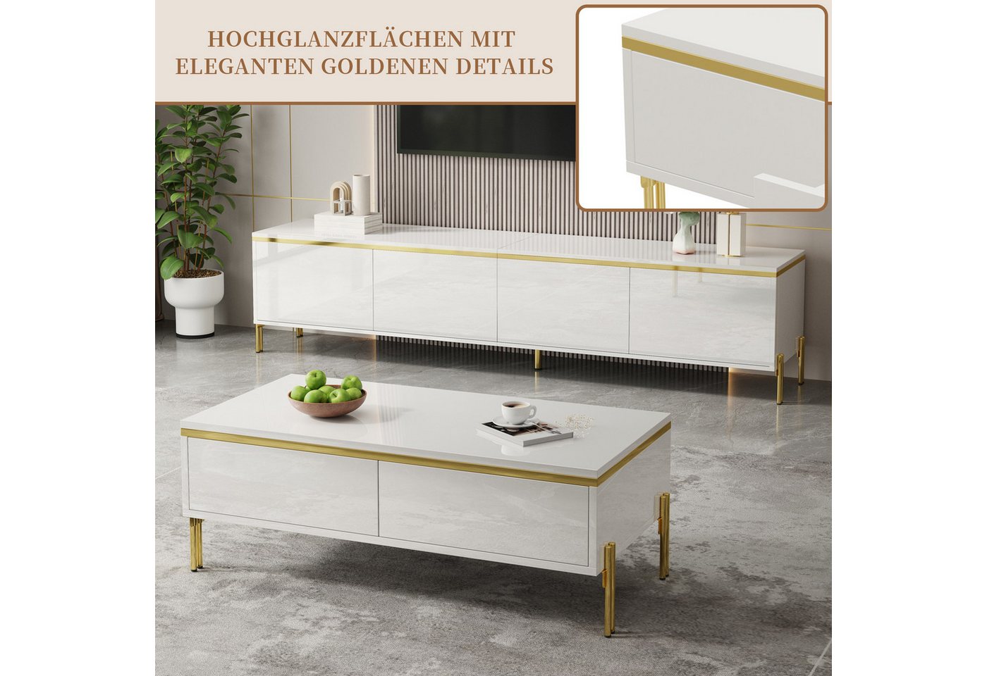 SeedWave Lowboard Wohnzimmerset mit Hochglanzfronten, 170cm TV-Schrank, 100cm Couchtisch, Wohnzimmerset, 14,5cm Bodenfreiheit, Metallfüße – Bild 3 von 5