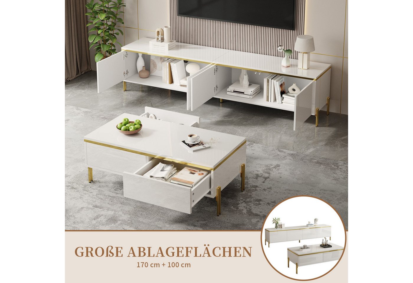 SeedWave Lowboard Wohnzimmerset mit Hochglanzfronten, 170cm TV-Schrank, 100cm Couchtisch, Wohnzimmerset, 14,5cm Bodenfreiheit, Metallfüße – Bild 4 von 5