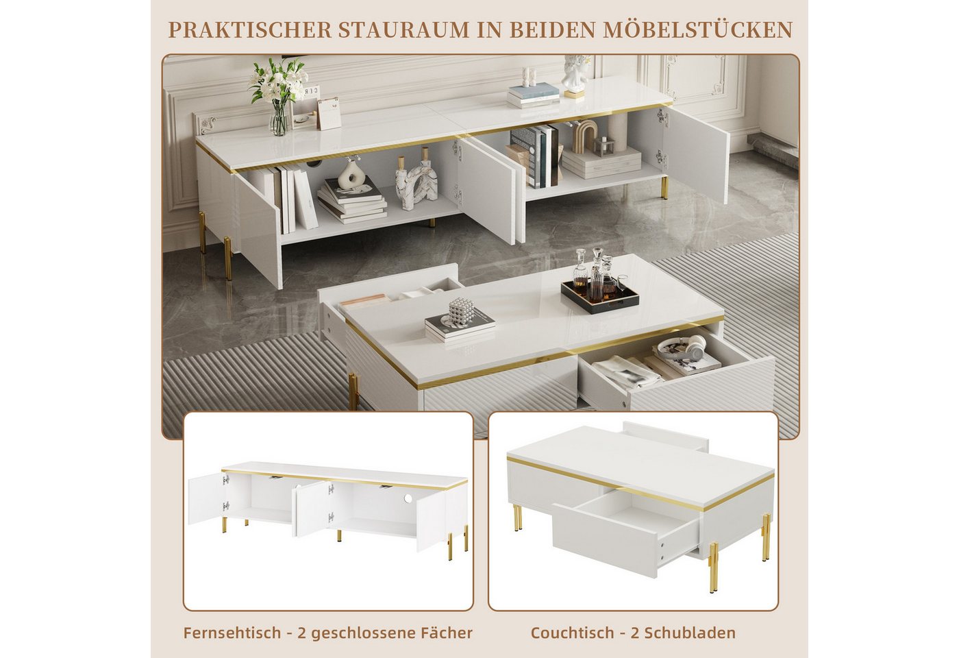SeedWave Lowboard Wohnzimmerset mit Hochglanzfronten, 170cm TV-Schrank, 100cm Couchtisch, Wohnzimmerset, 14,5cm Bodenfreiheit, Metallfüße – Bild 5 von 5