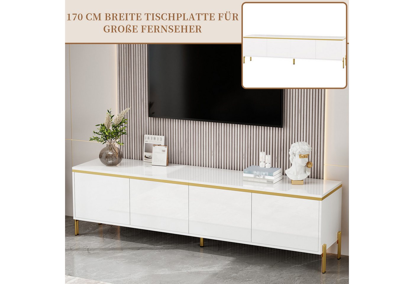 SeedWave Lowboard Wohnzimmerset mit Hochglanzfronten, 170cm TV-Schrank, 100cm Couchtisch, griffloser Fernsehschrank mit Staufächern, Metallfüßen – Bild 3 von 5
