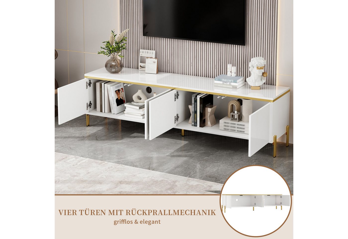 SeedWave Lowboard Wohnzimmerset mit Hochglanzfronten, 170cm TV-Schrank, 100cm Couchtisch, griffloser Fernsehschrank mit Staufächern, Metallfüßen – Bild 4 von 5