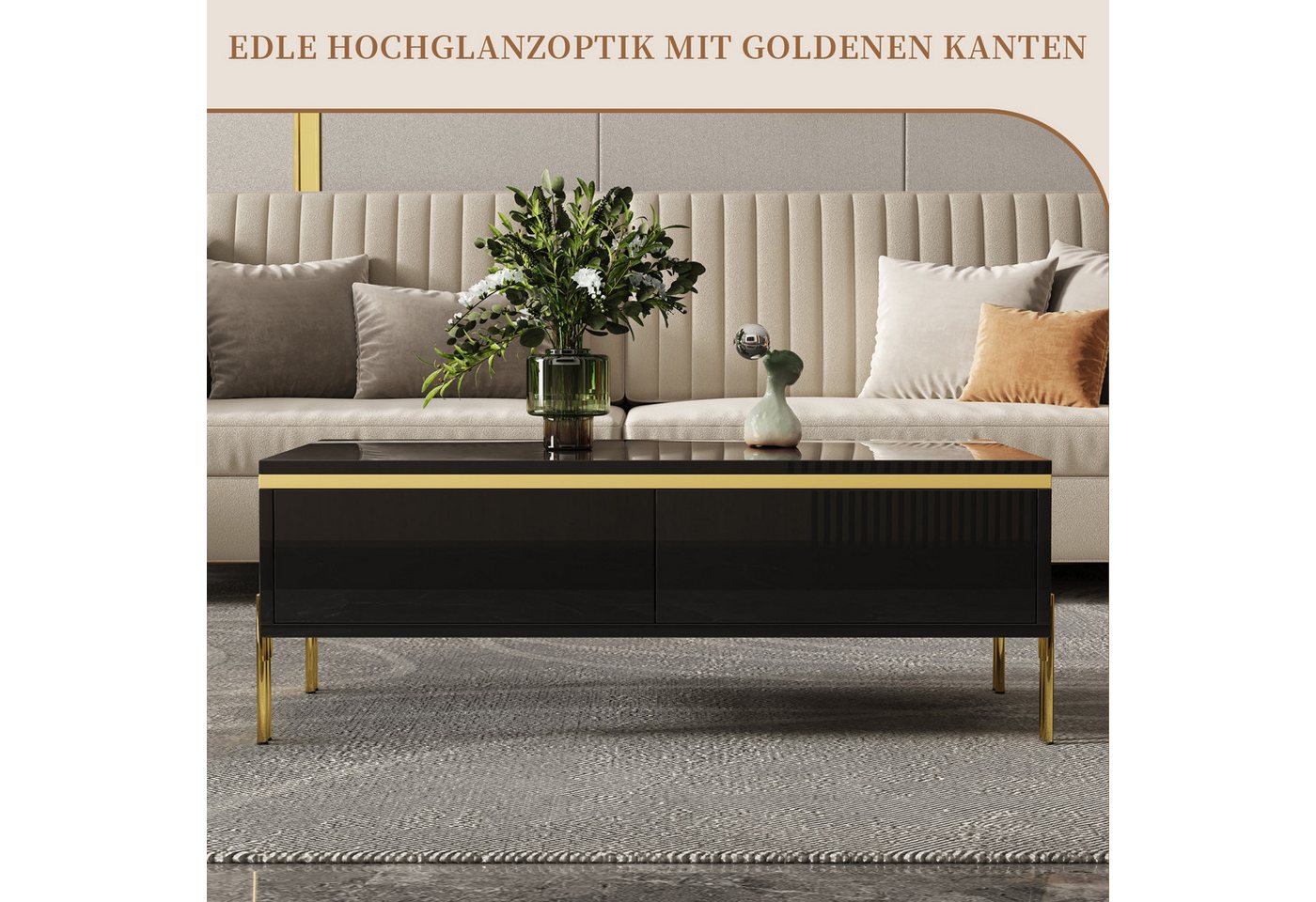 SeedWave Lowboard Wohnzimmerset mit Hochglanzfronten, 170cm TV-Schrank, 100cm Couchtisch, griffloser Sofatisch mit Schubladen, Metallfüßen – Bild 2 von 5
