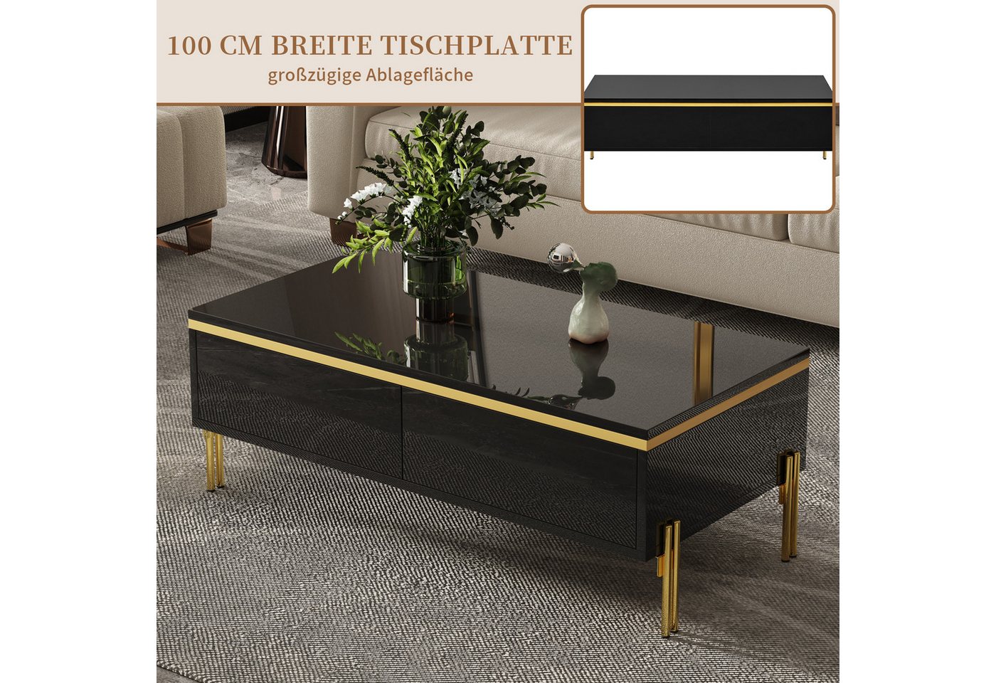SeedWave Lowboard Wohnzimmerset mit Hochglanzfronten, 170cm TV-Schrank, 100cm Couchtisch, griffloser Sofatisch mit Schubladen, Metallfüßen – Bild 3 von 5