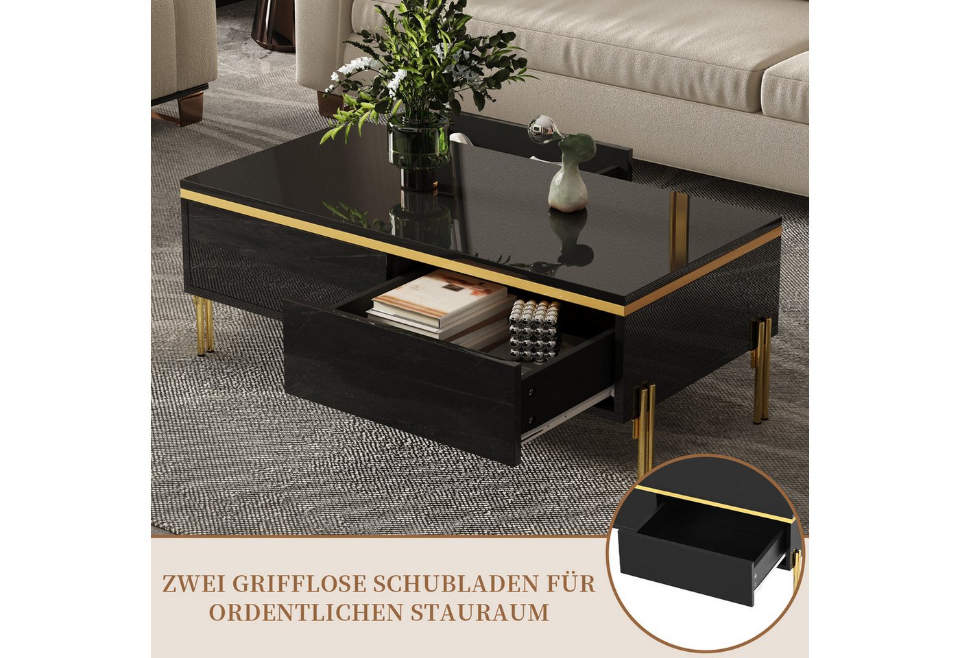 SeedWave Lowboard Wohnzimmerset mit Hochglanzfronten, 170cm TV-Schrank, 100cm Couchtisch, griffloser Sofatisch mit Schubladen, Metallfüßen – Bild 4 von 5