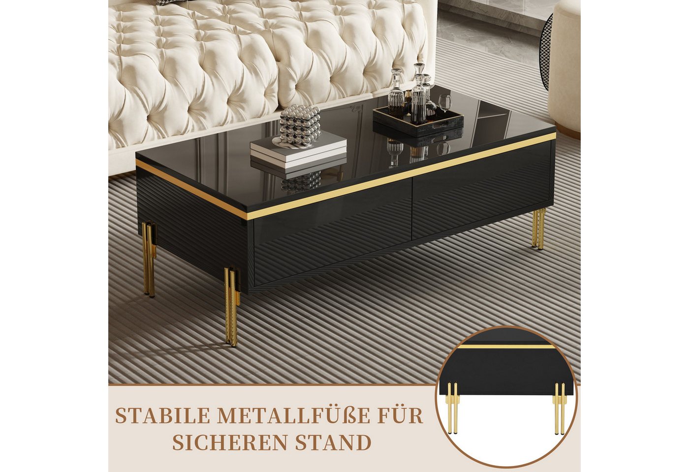 SeedWave Lowboard Wohnzimmerset mit Hochglanzfronten, 170cm TV-Schrank, 100cm Couchtisch, griffloser Sofatisch mit Schubladen, Metallfüßen – Bild 5 von 5