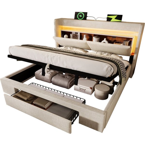 SeedWave Polsterbett LED Stauraumbett mit Leinenbezug, Ladefunktion, 90/140/160/180×200cm, Hydraulisches Bett mit gepolstertem Kopfteil, Rollen-Schublade