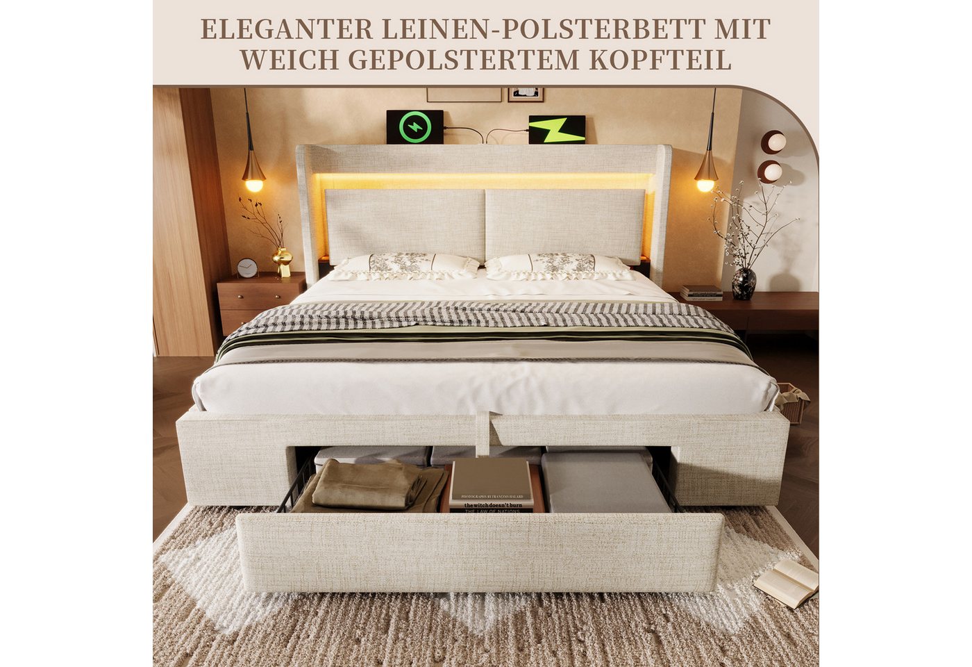 SeedWave Polsterbett LED Stauraumbett mit Leinenbezug, Ladefunktion, 90/140/160/180×200cm, Hydraulisches Bett mit gepolstertem Kopfteil, Rollen-Schublade – Bild 2 von 5