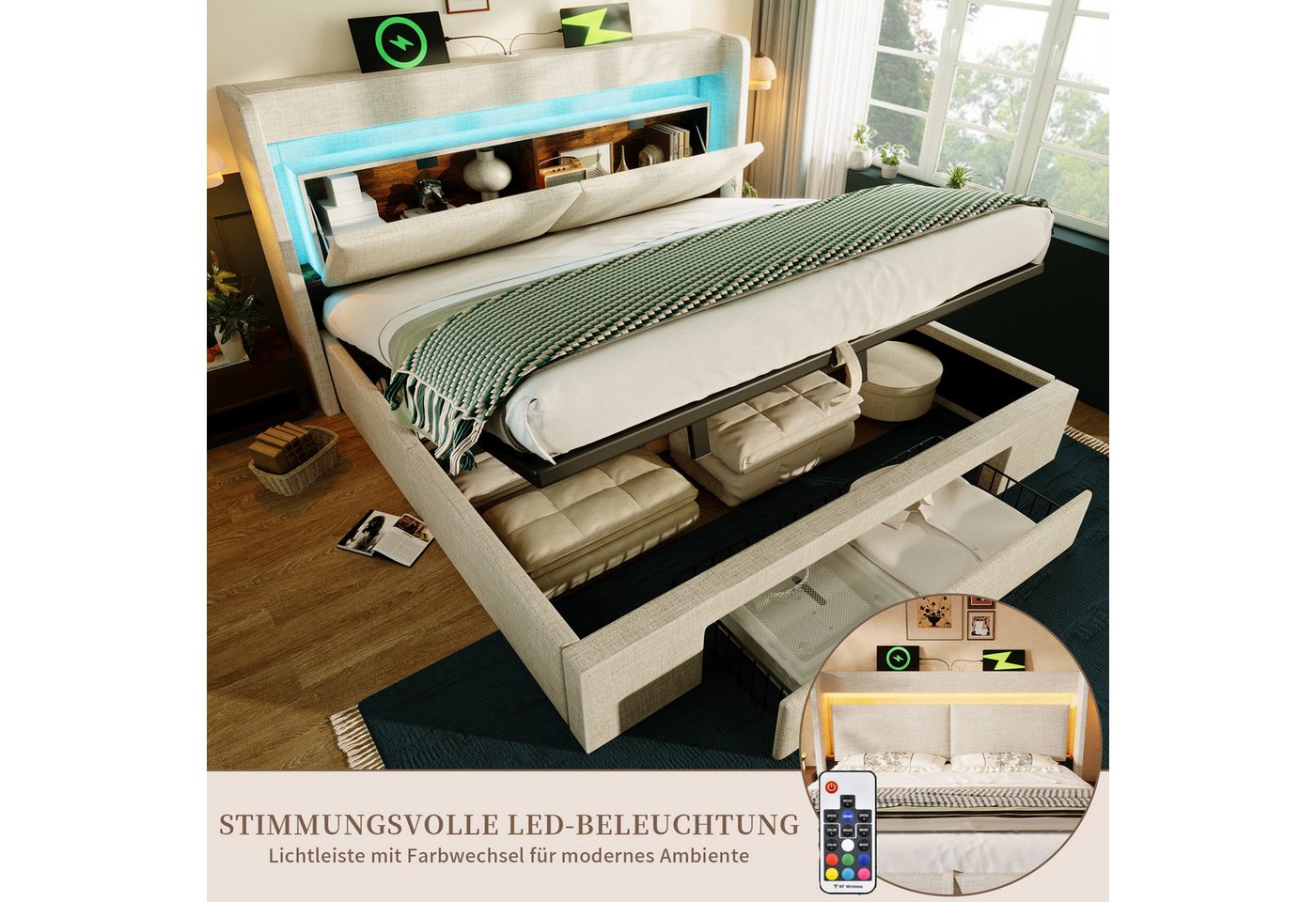 SeedWave Polsterbett LED Stauraumbett mit Leinenbezug, Ladefunktion, 90/140/160/180×200cm, Hydraulisches Bett mit gepolstertem Kopfteil, Rollen-Schublade – Bild 4 von 5