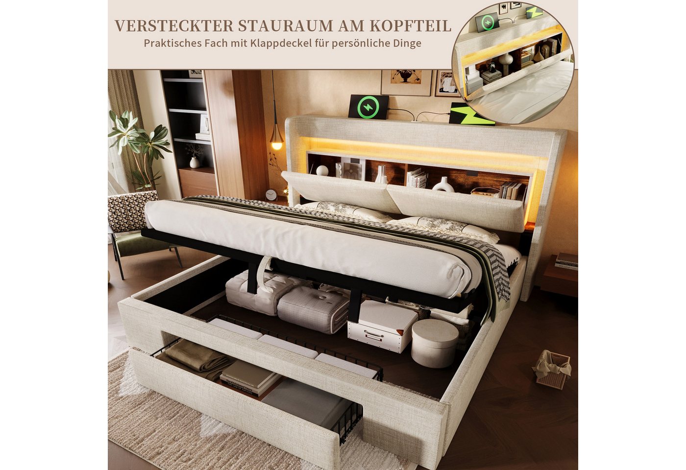 SeedWave Polsterbett LED Stauraumbett mit Leinenbezug, Ladefunktion, 90/140/160/180×200cm, Hydraulisches Bett mit gepolstertem Kopfteil, Rollen-Schublade – Bild 5 von 5