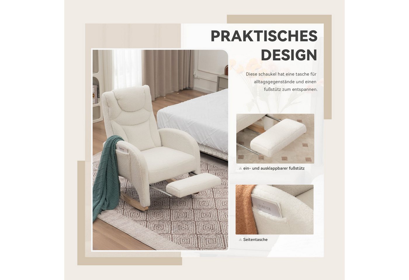SeedWave Schaukelstuhl mit Armlehnen, Weicher Teddy-Fleece, Eingebaute Fußstütze, Anti-Kipp-Design, Seitentasche für Stauraum, Robuste Gummibaumbeine – Bild 3 von 5