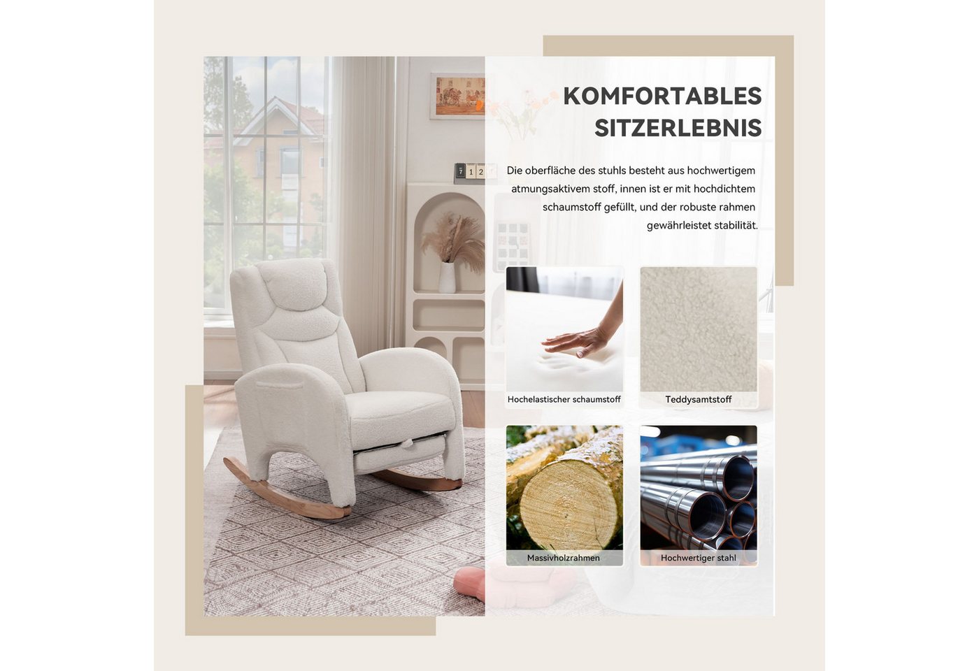 SeedWave Schaukelstuhl mit Armlehnen, Weicher Teddy-Fleece, Eingebaute Fußstütze, Anti-Kipp-Design, Seitentasche für Stauraum, Robuste Gummibaumbeine – Bild 4 von 5