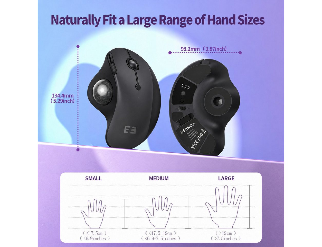 Seenda MOU-301 Ergonomische Trackball-Maus Bluetooth 2,4 GHz, 3 Geräte Maus (Bluetooth, Funk, Ergonomisch, Wiederaufladbar, Multi-Geräte Bluetooth) – Bild 5 von 5