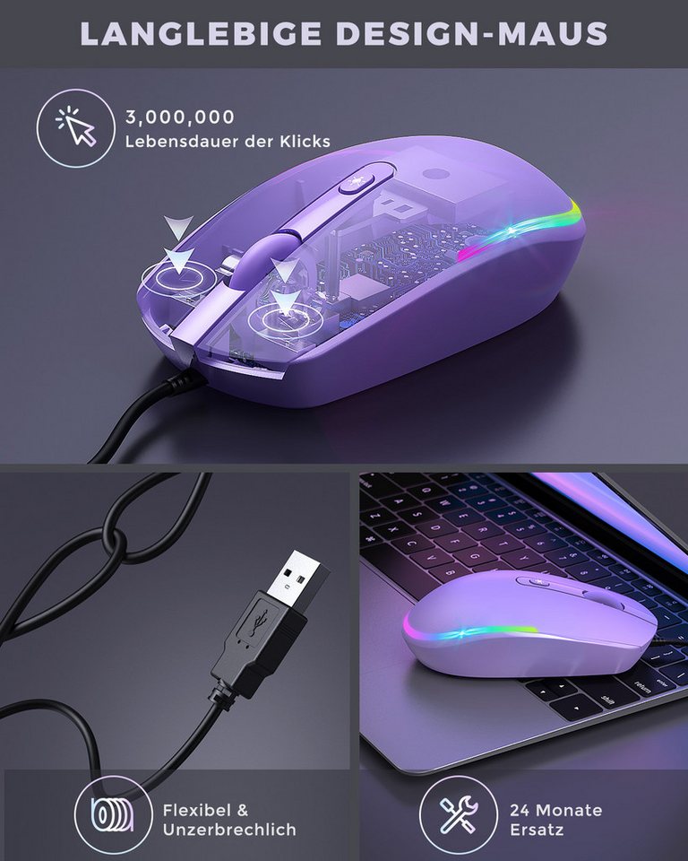 Seenda USB Maus kabelgebunden, leise, 1600 DPI, beleuchtet Maus (optisch / Plug & Play / 1,5 m Kabel) – Bild 5 von 5