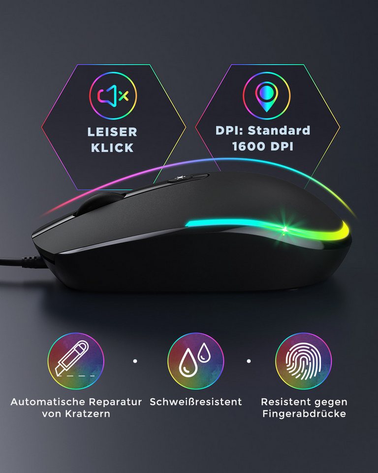 Seenda USB Maus kabelgebunden, leise, 1600 DPI, beleuchtet Maus (optisch / Plug & Play / 1,5 m Kabel) – Bild 3 von 5