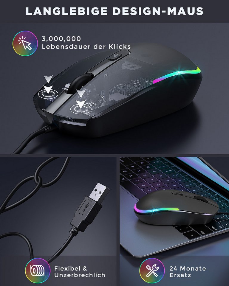 Seenda USB Maus kabelgebunden, leise, 1600 DPI, beleuchtet Maus (optisch / Plug & Play / 1,5 m Kabel) – Bild 5 von 5