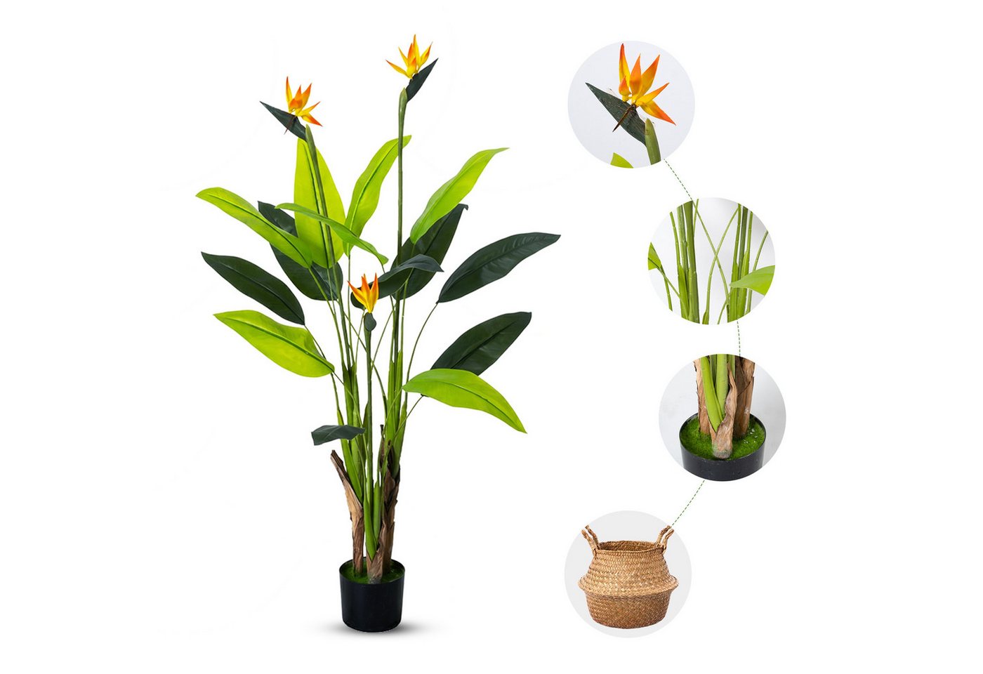 Kunstbaum Kunstpflanze groß Strelitzie Paradiesvogelblume Künstliche Pflanze, SEHAUSEU, Höhe 130 cm, wie echt, 130 cm/150 cm – Bild 3 von 5