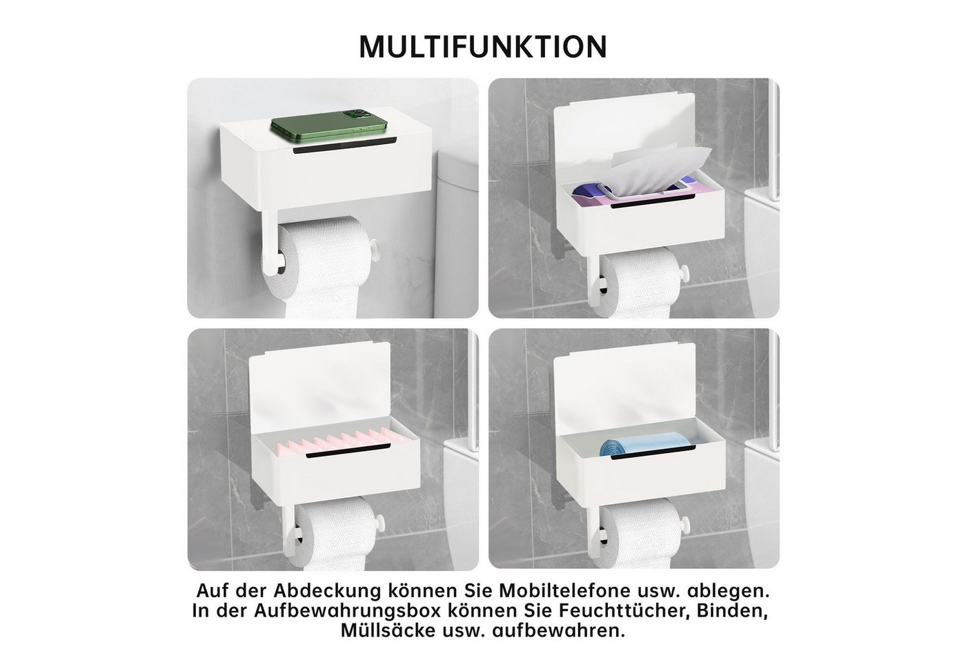 SEHAUSEU Toilettenpapierhalter edelstahl mit Feuchttücherbox, selbstklebend oder Bohren, weiß,schwarz – Bild 4 von 5