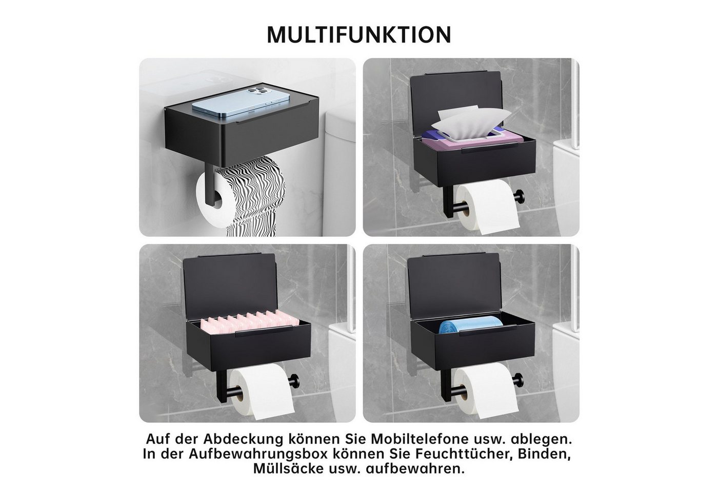 SEHAUSEU Toilettenpapierhalter edelstahl mit Feuchttücherbox, selbstklebend oder Bohren, weiß,schwarz – Bild 4 von 5