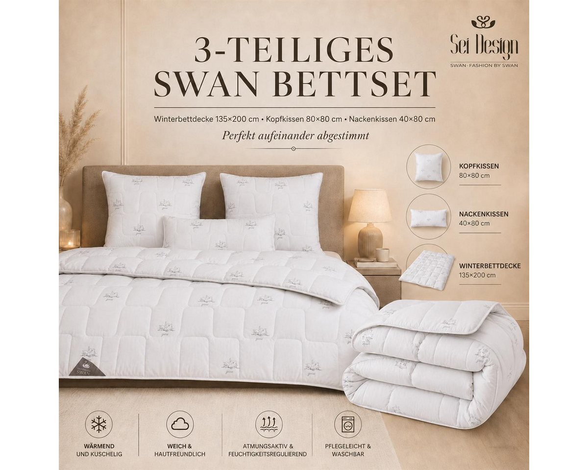 SEI Design Microfaserbettdecke Bettset SWAN winter 135x200 Kissen 80x80 40x80 Mikrofaser vegan, Füllung: daunenähnliches Gefühl, Bett-Set 3-Tlg.: Bettdecke 135x – Bild 2 von 5