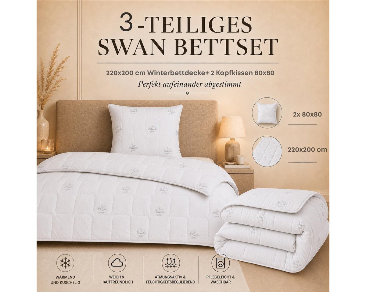 SEI Design Microfaserbettdecke Bettset SWAN winter 200x220 + 2x Kopfkissen 80x80 Mikrofaser vegan, Füllung: daunenähnliches Gefühl, Bett-Set 3-Tlg.: Bettdecke 2 – Bild 3 von 5