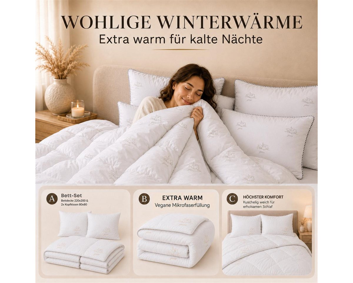 SEI Design Microfaserbettdecke Bettset SWAN winter 200x220 + 2x Kopfkissen 80x80 Mikrofaser vegan, Füllung: daunenähnliches Gefühl, Bett-Set 3-Tlg.: Bettdecke 2 – Bild 4 von 5