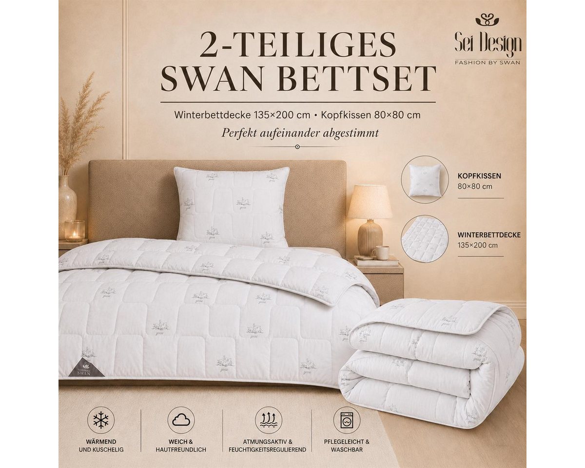 SEI Design Microfaserbettdecke Bettset SWAN winter Mikrofaser vegan 135x200 + Kissen 80x80, Füllung: Mikrofaser daunenähnliches Gefühl, Bett-Set 2-Tlg.: Bettdec – Bild 2 von 5