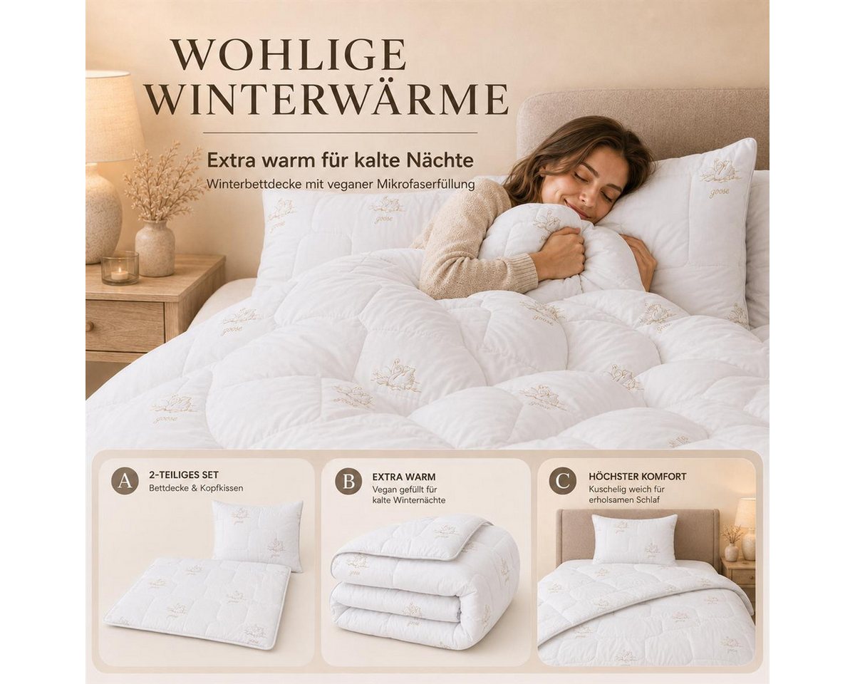 SEI Design Microfaserbettdecke Bettset SWAN winter Mikrofaser vegan 135x200 + Kissen 80x80, Füllung: Mikrofaser daunenähnliches Gefühl, Bett-Set 2-Tlg.: Bettdec – Bild 3 von 5