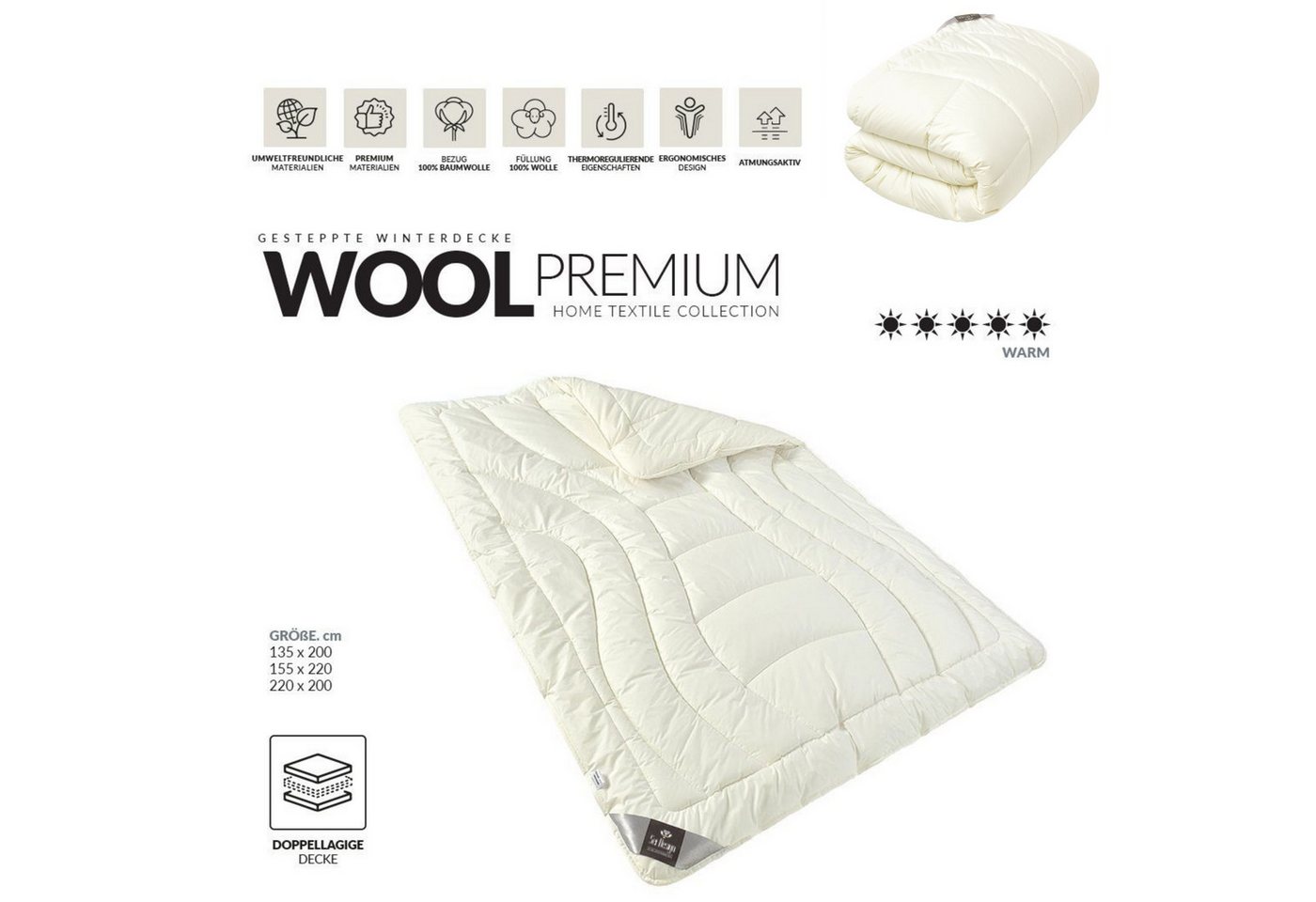 SEI Design Naturfaserbettdecke WOOL Premium Collection 155x220 cm, Füllung: 100% Schurwolle, Bezug 100% Baumwolle – Bild 2 von 5