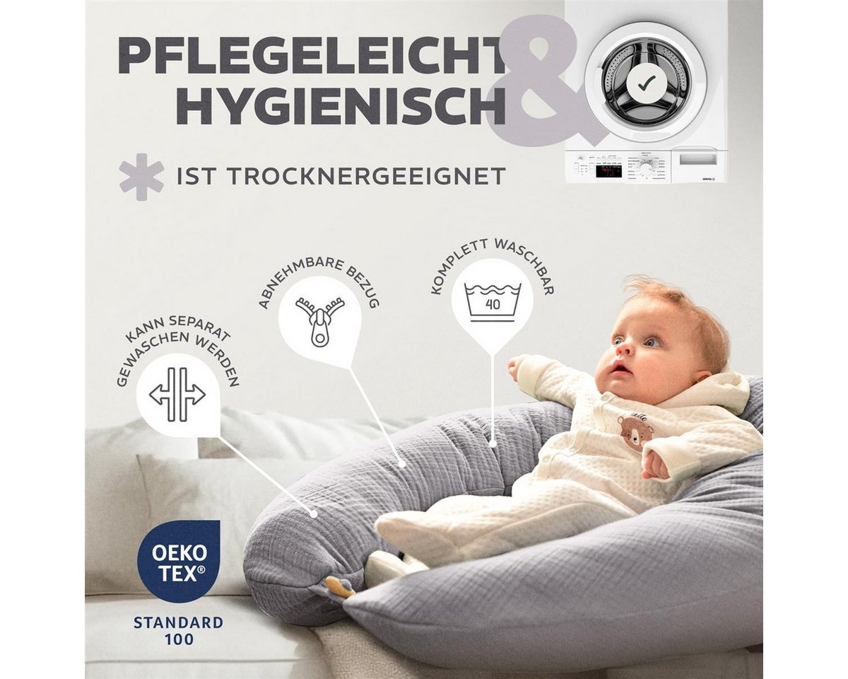 SEI Design Stillkissen Seitenschläferkissen Babynestchen Kuschelnest XXL Musselin, Schwangerschaftskissen mit Bezug, 1-tlg., Schwangerschaftskissen mit Bezug, B – Bild 5 von 5
