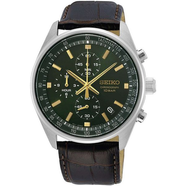 Seiko Quarzuhr SSB385P1, Chronograph Herrenuhr mit Lederband