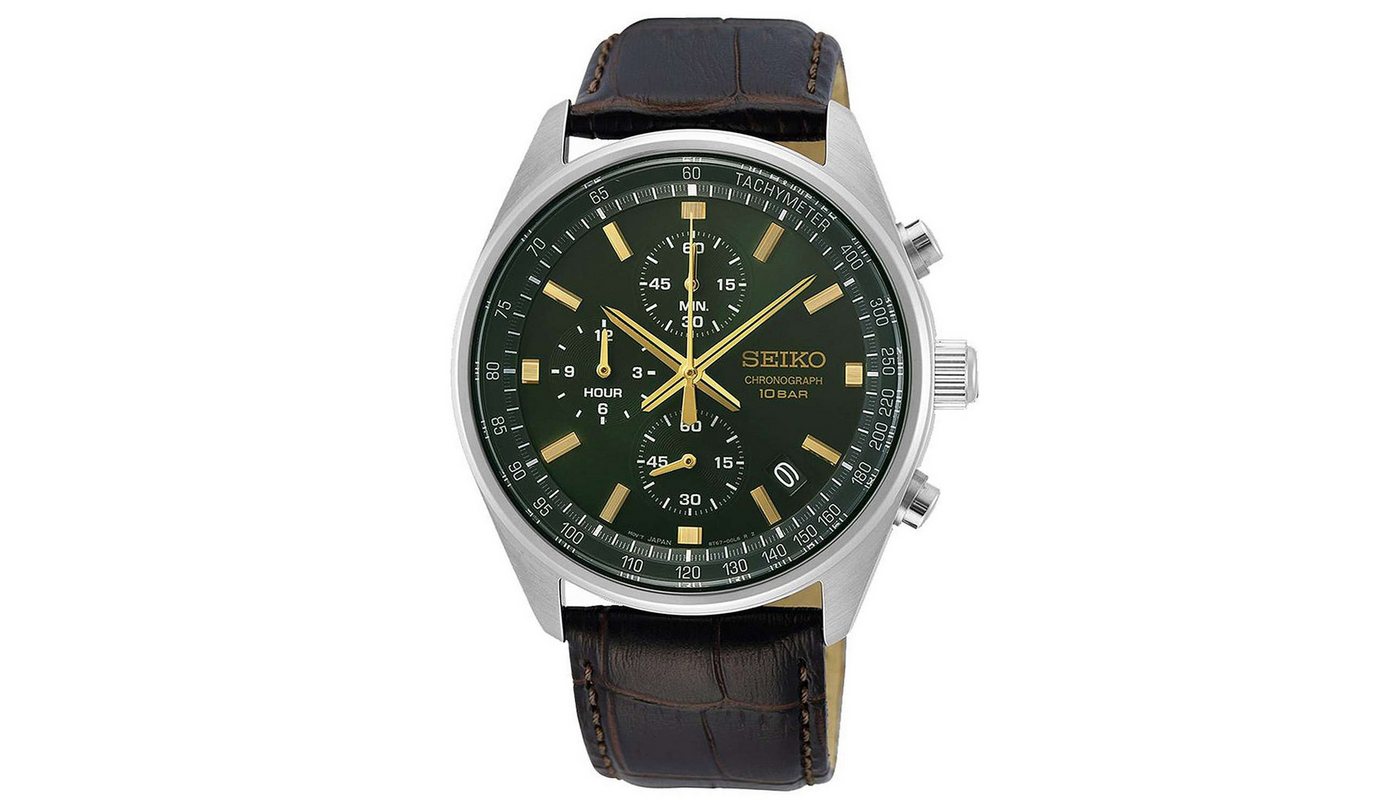 Seiko Quarzuhr SSB385P1, Chronograph Herrenuhr mit Lederband – Bild 2 von 2