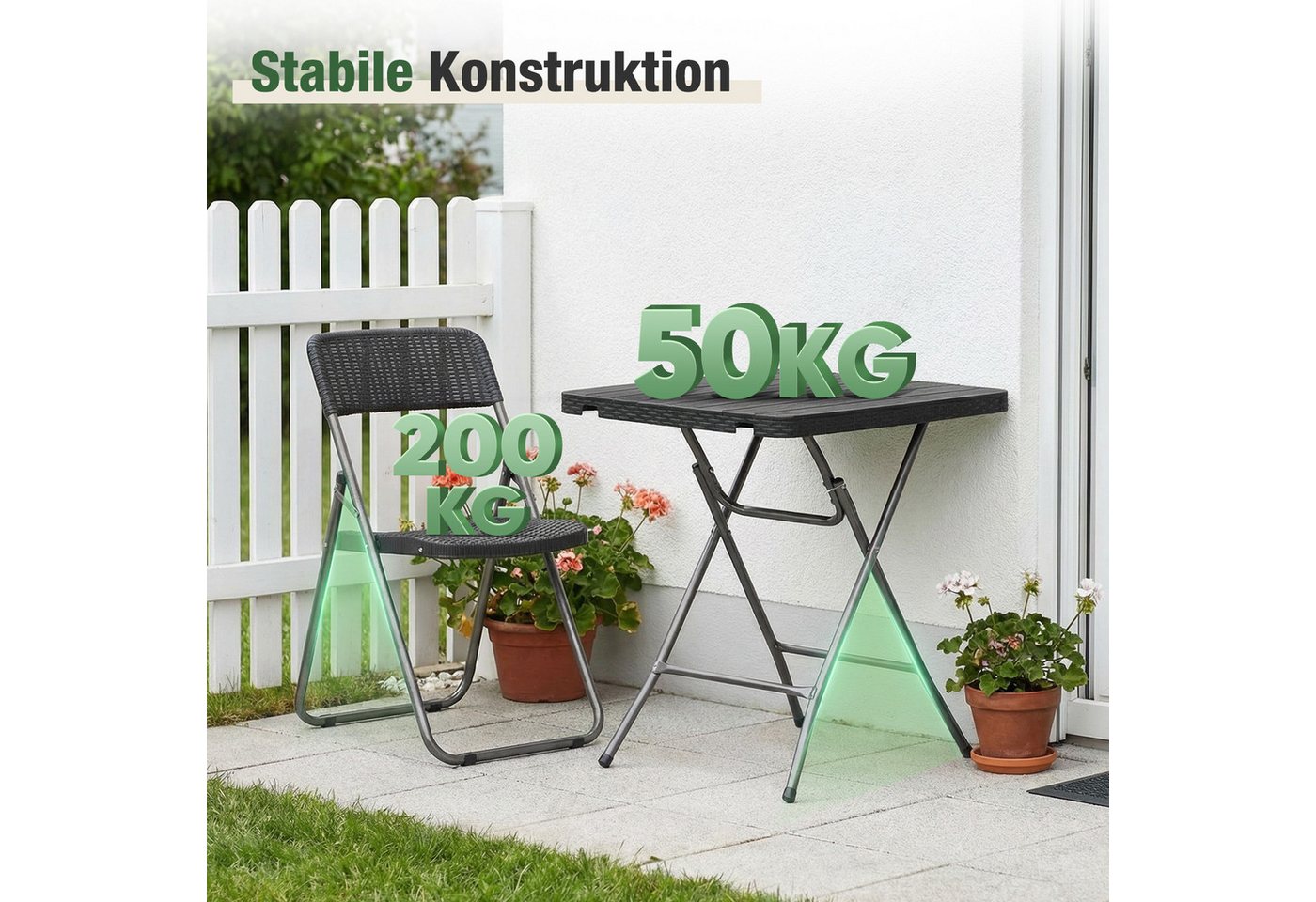 Sekey Balkonset Balkonmöbel Set Klapptisch mit 2 stühlen Bistro-Set Klappbar Rattan, (3-tlg), 3-tlg., Balkon tisch und stuhl, 2x Polyrattan Klappstuhl mit 200 k – Bild 4 von 5
