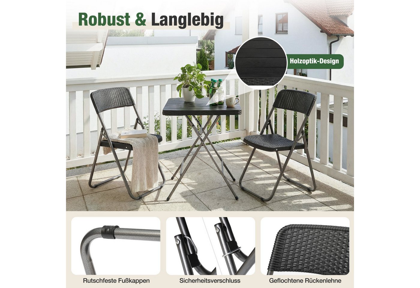 Sekey Balkonset Balkonmöbel Set Klapptisch mit 2 stühlen Bistro-Set Klappbar Rattan, (3-tlg), 3-tlg., Balkon tisch und stuhl, 2x Polyrattan Klappstuhl mit 200 k – Bild 5 von 5