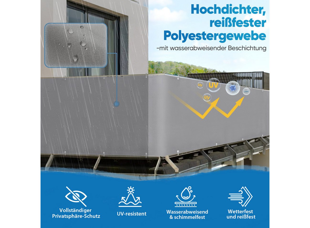 Sekey Balkonsichtschutz Polyester Balkonbespannungen Sichtschutz Garten Zaun Windschutz H: 75cm, 90 cm, 120cm / B: 300 cm, 400cm, 500 cm, 600cm – Bild 4 von 5