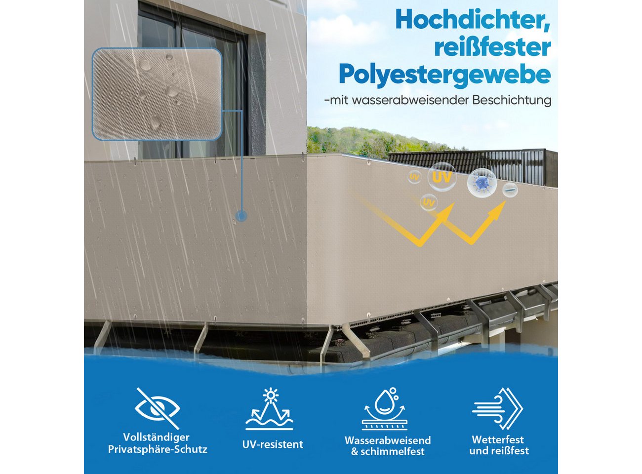 Sekey Balkonsichtschutz Polyester Balkonbespannungen Sichtschutz Garten Zaun Windschutz H: 75cm, 90 cm, 120cm / B: 300 cm, 400cm, 500 cm, 600cm – Bild 4 von 5